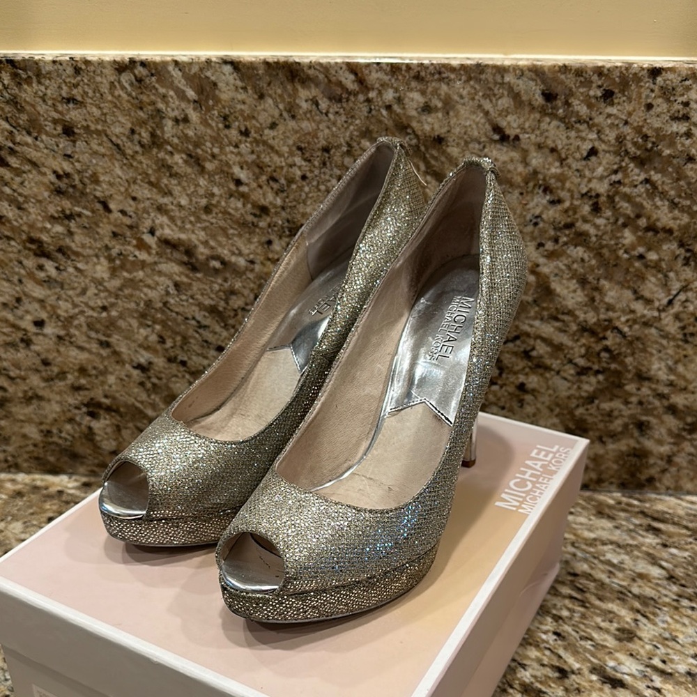 Michael Kors Silver Peep Toe Heels Size 8